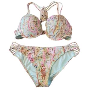 Victoria's Secret Pastel Paisley Macrame Strappy 2pc Bikini Set 34C Medium Beach